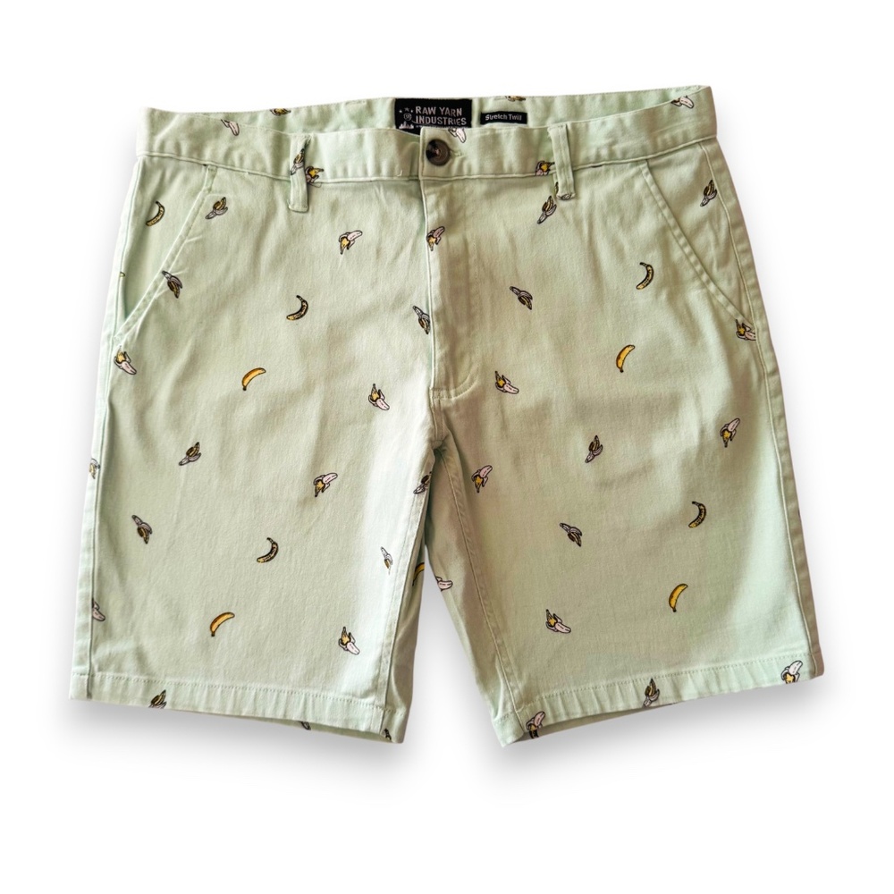 Raw Yarn Industries Men’s Stretch Twill Shorts Size 34 – Mint Green Banana Print